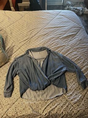 Women's Washed Blue Button-Down Wrap Shirt